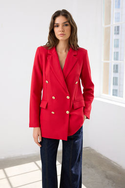 K?rm?z? Oversize Dokuma Astarl? Kruvaze Kapama Dugme Detayl? Ceket TWOSS20CE0024