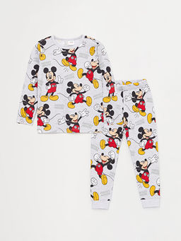 Bisiklet Yaka Uzun Kollu Mickey Mouse Bask?l? Erkek Bebek Pijama Tak?m