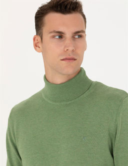 Koyu Ye_il Melanj Slim Fit Bal_k__ Yaka Basic Triko Kazak