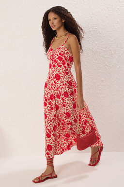 TRENDYOLMILLA K?rm?z? Cicekli Etegi Belden Ac?lan Gipeli Midi Dokuma Elbise TWOSS25EL00036 фото 5