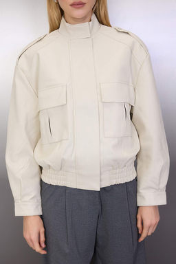 Ekru Oversize Kal?p Suni Deri Bomber Ince Ceket Mont TWOAW26MO00001 - Trendyolmilla фото 7