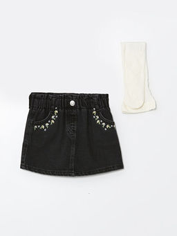 Bel? Lastikli Nak??l? K?z ?ocuk Jean Etek ve K?lotlu ?orap 2li Tak?m