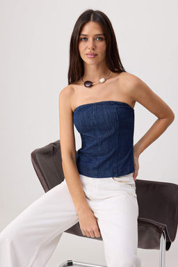 Koyu Mavi Raw Straplez Denim Bluz TWOSS26BZ00847 - Trendyolmilla фото 2