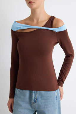 Kahverengi D_z Fitted Asimetrik Yaka Uzun Kol Viskon Ribana _rme Bluz TWOAW27BZ00161