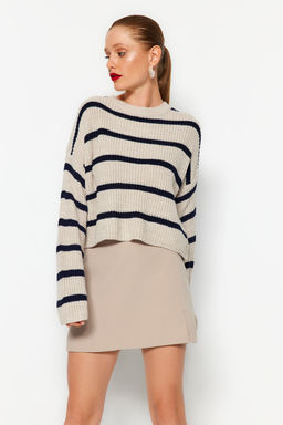 Bej Crop Genis Kal?p Basic Cizgili Triko Kazak TWOAW23KZ00390