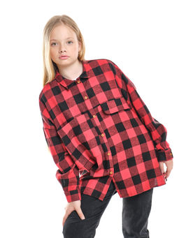 Рубашка в клетку оверсайз с длинным рукавом (128-146см) 22-7462 красная клетка