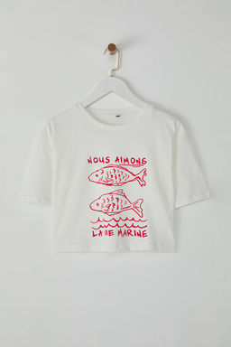 TRENDYOLMILLA Lacivert %100 Pamuk Relaxed/Rahat Kal?p Crop Bask?l? Orme T-Shirt TWOSS25TS00080  фото 7