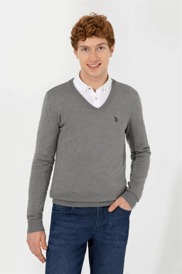 U. S. Polo Assn Мужской серый меланжевый базовый трикотажный свитер с v-образным вырезом - U.s. polo assn фото 7