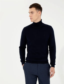 Lacivert Slim Fit Bal_k__ Yaka Basic Triko Kazak