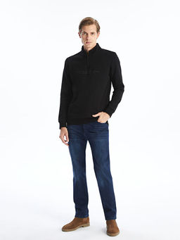 Dik Yaka Uzun Kollu Bask?l? Erkek Kal?n Sweatshirt