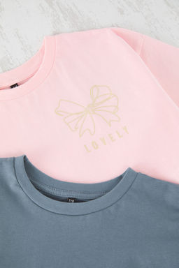 Antrasit-Pembe 2li K?z Cocuk Pamuklu Slogan Bask?l? Crop K?sa Kol Orme T-Shirt TKDSS25TS00055 - Trendyolmilla фото 5