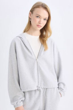 Coool Loose Fit Basic Duz Kapusonlu Fermuarl? Sweatshirt