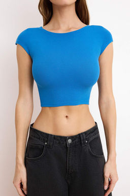 Saks Bisiklet Yaka Ay Kol Fitted/Vucuda Oturan Crop Orme Bluz TWOSS24BZ00446