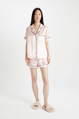 Fall in Love Pijama Tak?m? Regular Fit Saten K?sa Kollu Ust Sort