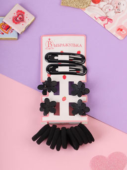 Цена за 12 шт. Набор для волос «Эстер»: 10 резинок, 2 см, 4 краба 2 см, 2 невидимки 6 см, цветок, чёрный