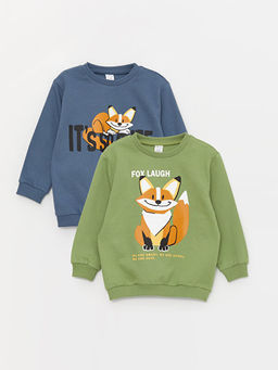 Bisiklet Yaka Uzun Kollu Bask?l? Erkek Bebek Sweatshirt 2li