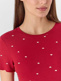 Комплект домашний женский красный с принтом в сердечко