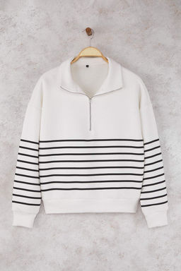 Ekru Cizgili Oversize/Genis Kal?p Fermuarl? Kal?n Ici Polarl? Orme Sweatshirt TWOAW26SW00044