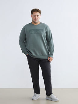 B?y?k Beden Bisiklet Yaka Bask?l? Erkek Kal?n Sweatshirt