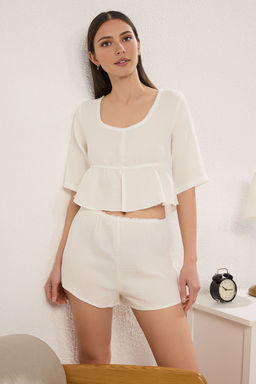 Beyaz %100 Pamuklu Dantel Detayl? Muslin Sortlu Dokuma Pijama Tak?m? THMSS25PT00327 - Trendyolmilla фото 2