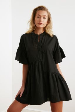 TRENDYOLMILLA Siyah Dokuma Flaml? Pamuk Genis Kal?p Mini Plaj Elbisesi TBESS20EL0873  фото 6