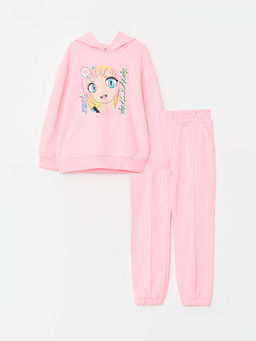 Kap??onlu Bask?l? Uzun Kollu K?z ?ocuk Sweatshirt ve E?ofman Alt?