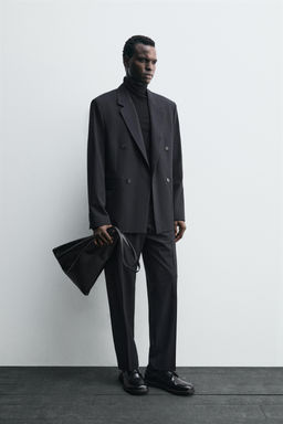 DOUBLE-BREASTED PINSTRIPE SUIT BLAZER