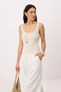 Bej Melanj Fitted/Vucuda Oturan Havuz Yaka Kolsuz Pamuk Ribana Orme Atlet TWOSS26AL00041