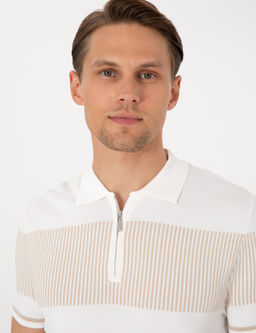 Ekru Slim Fit Fermuarl_ Polo Yaka Triko Ti__rt