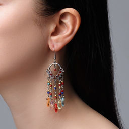 Серьги висячие со стразами Восток ловец снов, цветные в чернёном серебре, 8 см