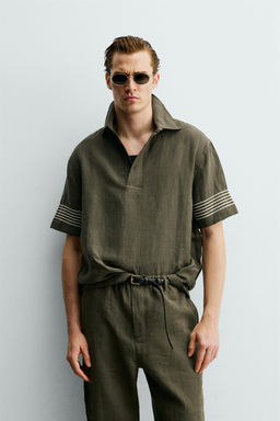 CAMISA POLO 100% LINO / Khaki oscuro