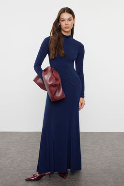 Lacivert Duz Fitted/vucuda Oturan Maxi Dik Yaka Esnek Orme Elbise TWOAW25EL00311