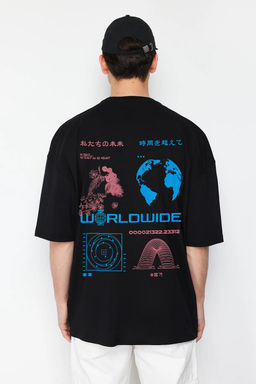 Siyah Oversize/Genis Kesim %100 Pamuklu Bask?l? T-Shirt TMNSS25TS00118