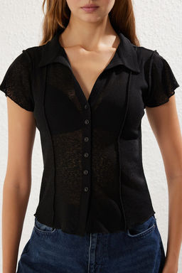 Siyah Fitted/Vucuda Oturan Kopuk Esnek Gomlek TWOSS25GO00027