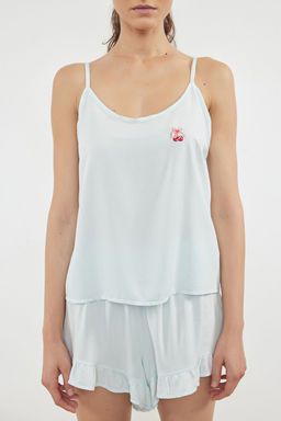 Trendyolmilla Ac?k Pembe Cilek Nak?sl? F?rf?rl? Ip Ask?l? Viskon Sortlu Dokuma Pijama Tak?m? THMSS24PT00195  фото 7