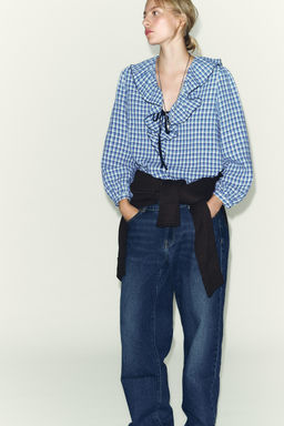 GINGHAM CHECK RUFFLED BLOUSE - Zara фото 5