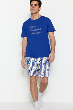 Koyu Mavi Unisex Regular Fit Bask_l_ _ortlu Pijama Tak_m_ TMNSS23PT00000