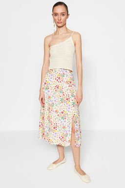 Ekru Y?rtmac Detayl? Cicek Desenli Viskon Kumasl? Midi Boy Dokuma Etek TWOSS20ET0230