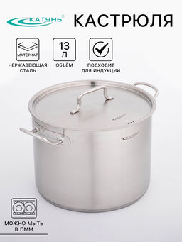 Цена за 2 шт. Кастрюля Катунь «Общепит», 13 л, d=28 см, с крышкой, капсульное дно, индукция, нержавеющая сталь, хромированный