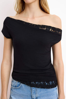 Ekru Fitted/Vucuda Oturan Asimetrik Yaka Dantel Detayl? Crop/K?sa Esnek Orme Bluz TWOSS26BZ00356 - Trendyolmilla фото 7