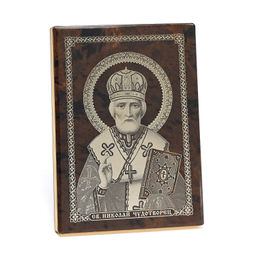 Икона настольная из обсидиана 70*30*95мм "Николай Чудотворец". Радуга камня