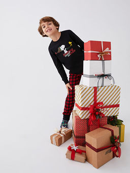 Bisiklet Yaka Snoopy Bask?l? Uzun Kollu Erkek ?ocuk Pijama Tak?m?