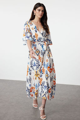 Cok Renkli Etnik Kusakl? Desenli A Kesim Kruvaze Yaka Dokuma Elbise TWOSS24EL01046 - Trendyolmilla фото 2