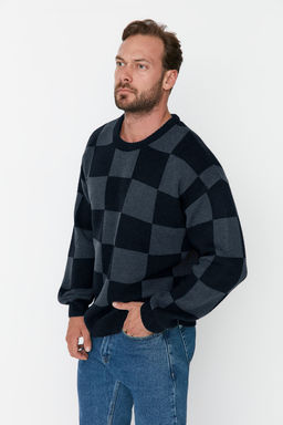 TRENDYOL MAN Lacivert Erkek Oversize Bisiklet Yaka Ekose / Kareli Triko Kazak TMNAW23KZ00279 - Trendyolmilla фото 13