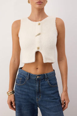 Ekru Pelus Fitted Dugme Detayl? Super Crop Orme Yelek TWOAW26YE00065