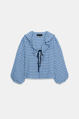 GINGHAM CHECK RUFFLED BLOUSE - Zara фото 6