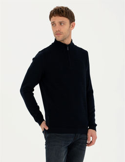 Lacivert Slim Fit Fermuarl_ Dik Yaka Triko Kazak