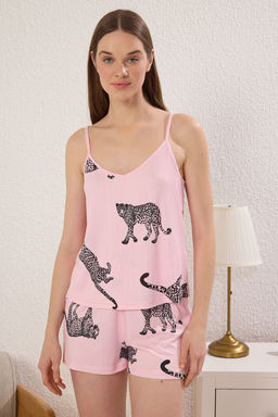 Trendyolmilla Pembe Hayvan Desenli Ip Ask?l? Fitilli Sortlu Orme Pijama Tak?m? THMSS25PT00094 фото 6