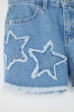 Ac?k Mavi K?z Cocuk %100 Pamuk Y?ld?z Detayl? Lastikli Denim Sort & Bermuda TKDSS25SR00035 - Trendyolmilla фото 2