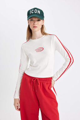 Женская белая классная футболка с круглым вырезом и длинными рукавами в рубчик с принтом - Defacto фото 5